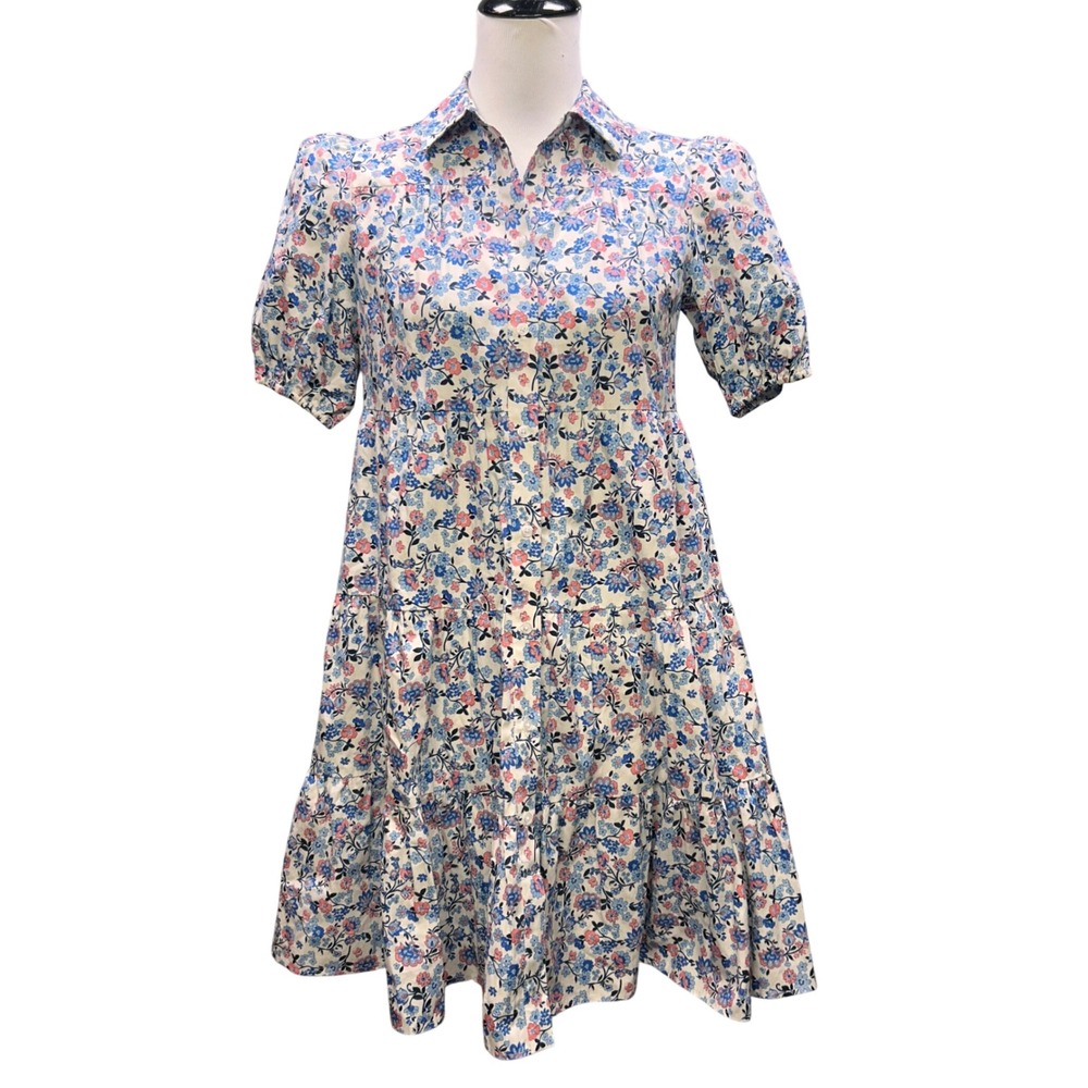 Eliza J Shirt Dress Women 2 Blue Pink Floral Tiered Cotton Puff Slv Cottagecore